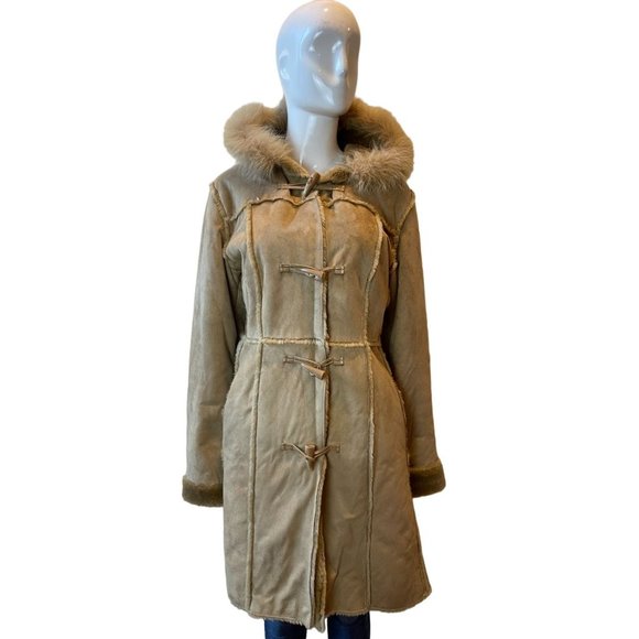 Ruff Hewn Jackets & Blazers - Ruff Hewn Womens Vintage 1980Faux Fur Long Coat Suede Hooded Outerwear Tan Large